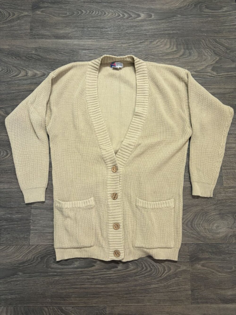 Lindsey Blake Knit Cardigan Beige Button Front Medium Autumn Retro Preppy 80s